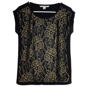 DVF Diane Von Furstenberg Cordelia Silk Lace Short Sleeve Blouse 2 XS Black Gold